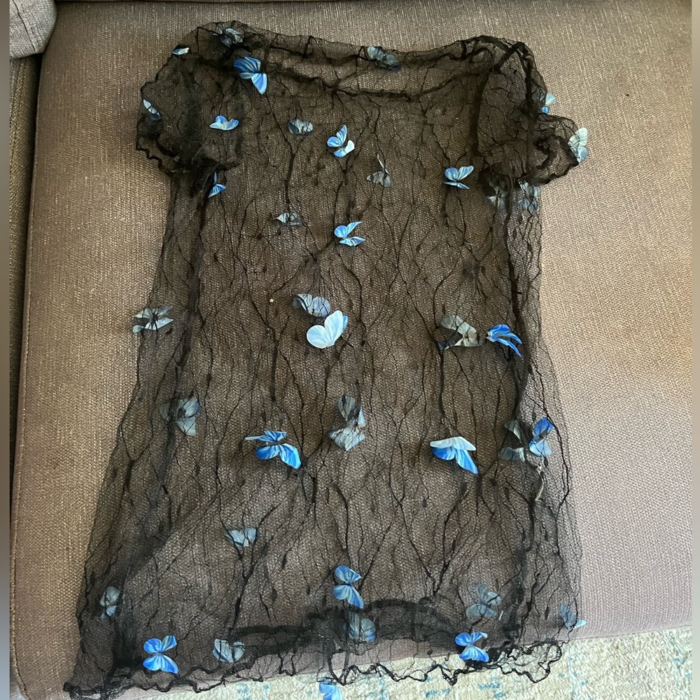 SHEIN Black Mesh Blouse with Blue Butterfly Accents